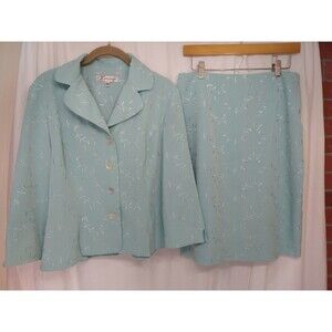 Dress Barn Suit 2pc Career Jacket & Skirt size 8 Icy Blue Jacquard Floral Spring